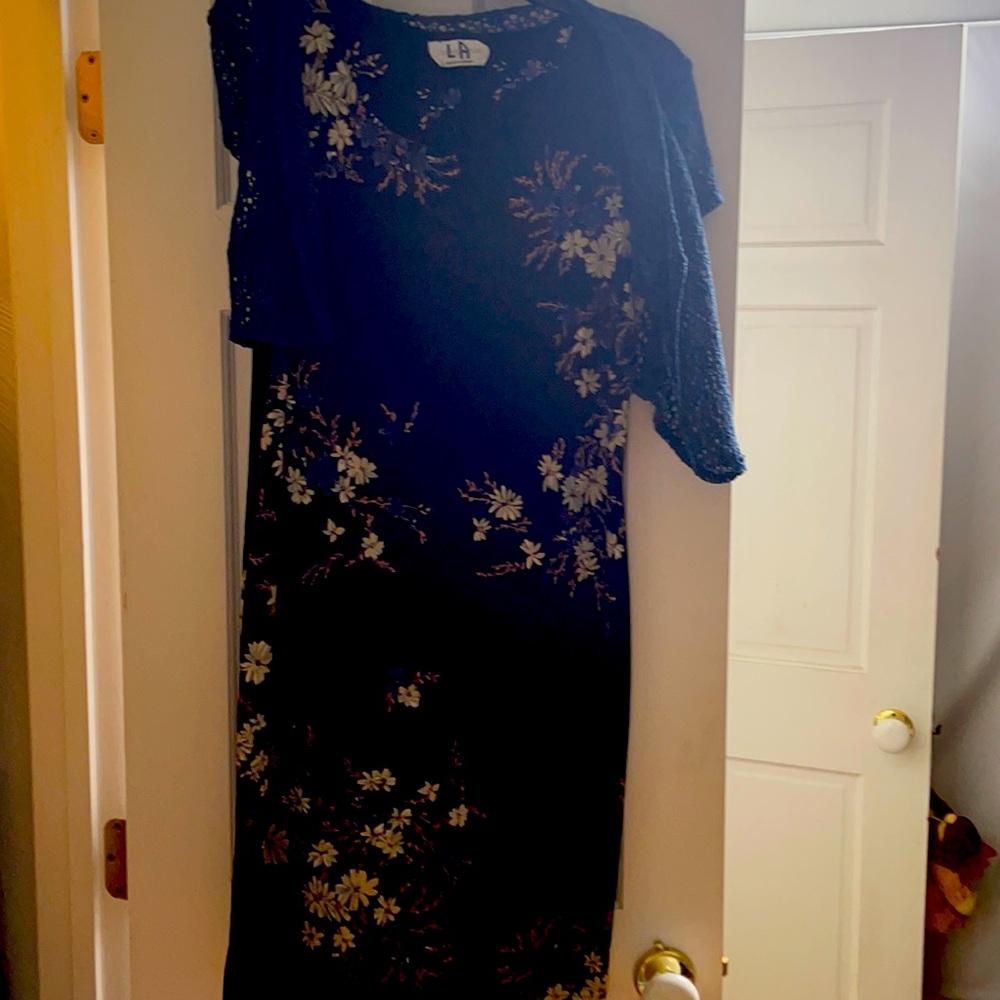 Blue floral dress with knit shawl